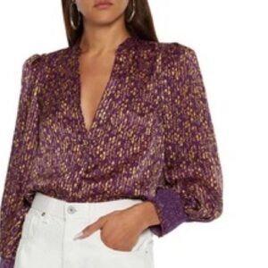Alice + Olivia Romantic split neck, purple and gold floral blouson blouse